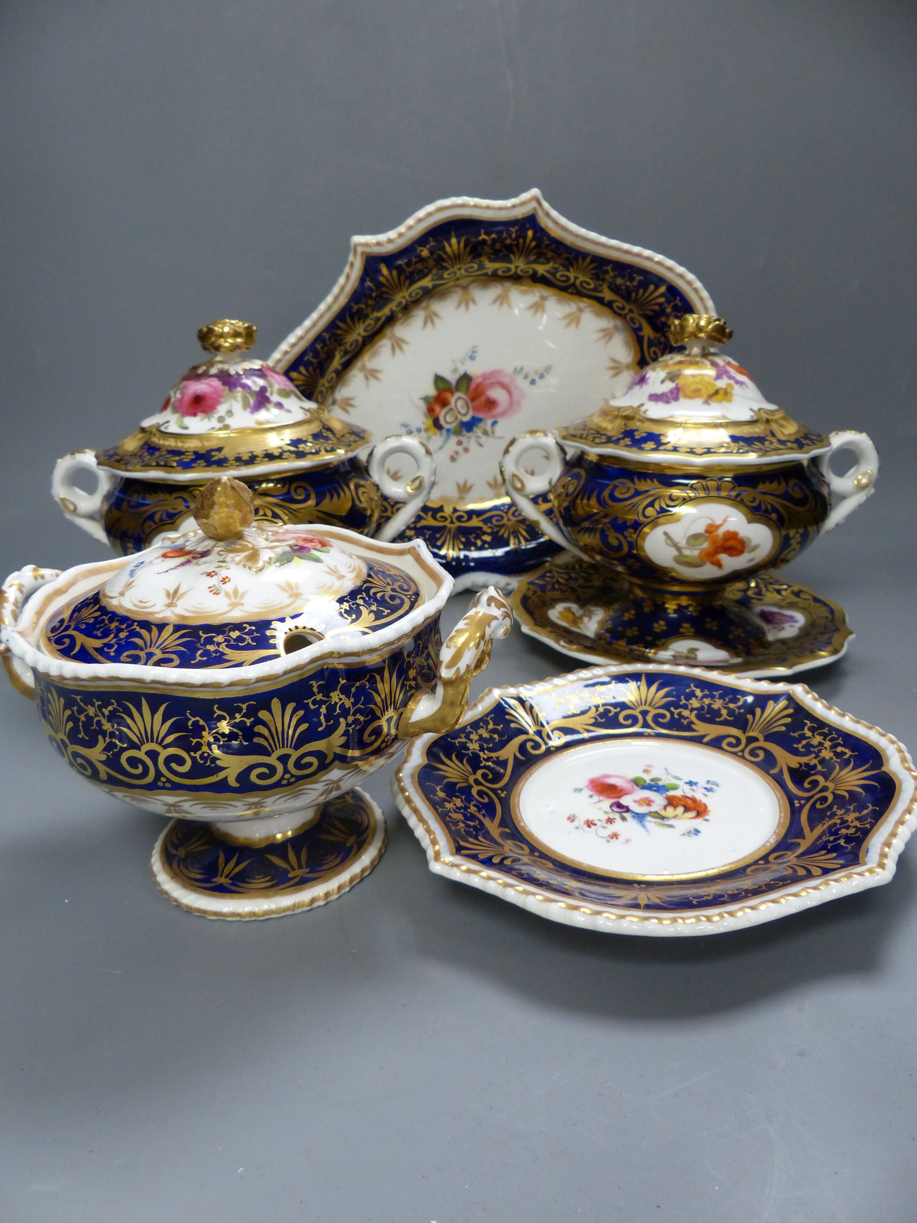 A group of English porcelain blue ground dessert wares, some damage, c.1825